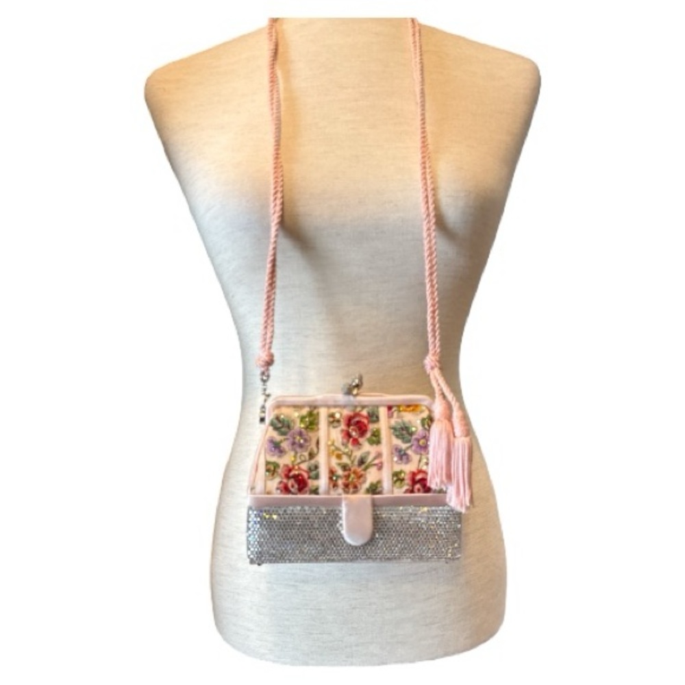 JUDITH LEIBER  MINAUDIERE PURSE PINK FLORAL PATTERN WITH COIN PURSE MIRROR COMB